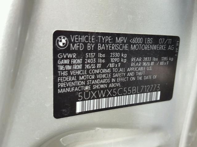 5UXWX5C55BL712773 - 2011 BMW X3 XDRIVE2 ვერცხლისფერი ფოტო 10