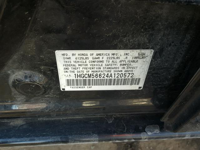 1HGCM56624A120572 - 2004 HONDA ACCORD EX BLACK photo 10