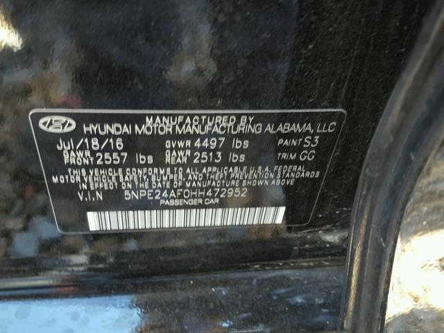 5NPE24AF0HH472952 - 2017 HYUNDAI SONATA SE BLACK photo 10