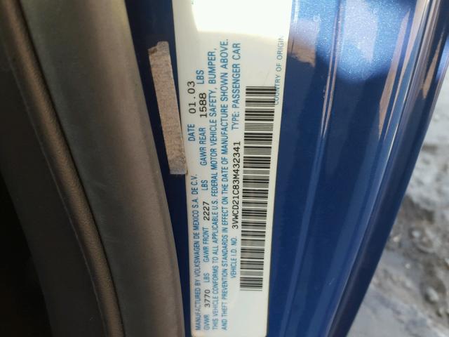 3VWCD21C83M432341 - 2003 VOLKSWAGEN NEW BEETLE 蓝色 照片 10