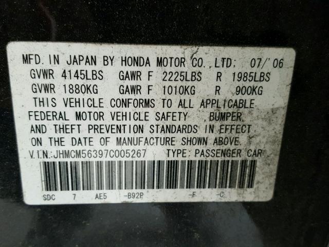 JHMCM56397C005267 - 2007 HONDA ACCORD SE BLACK photo 10