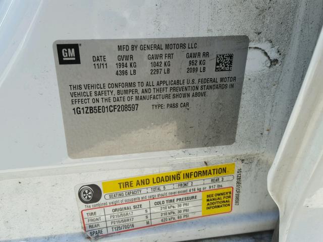 1G1ZB5E01CF208597 - 2012 CHEVROLET MALIBU LS თეთრი ფოტო 10