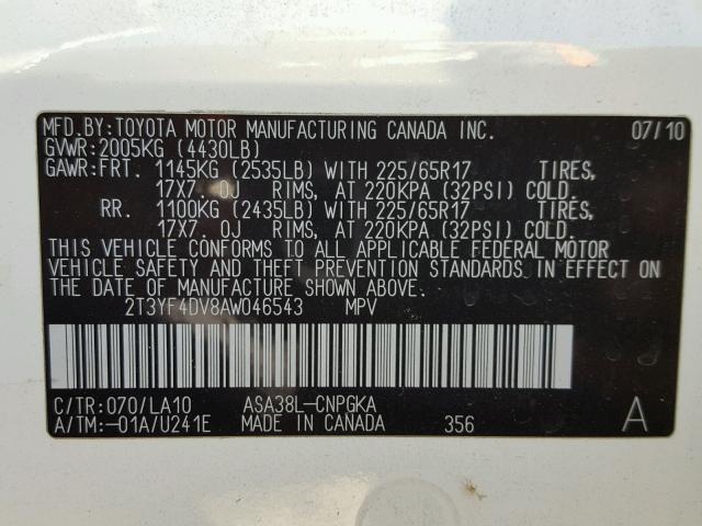 2T3YF4DV8AW046543 - 2010 TOYOTA RAV4 LIMIT WHITE photo 10