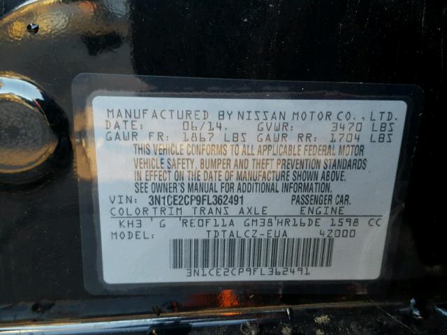 3N1CE2CP9FL362491 - 2015 NISSAN VERSA NOTE BLACK photo 10