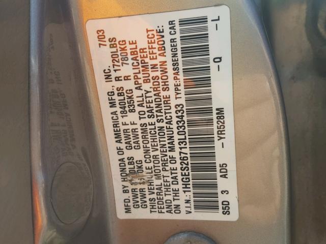 1HGES26713L033433 - 2003 HONDA CIVIC EX TAN photo 10