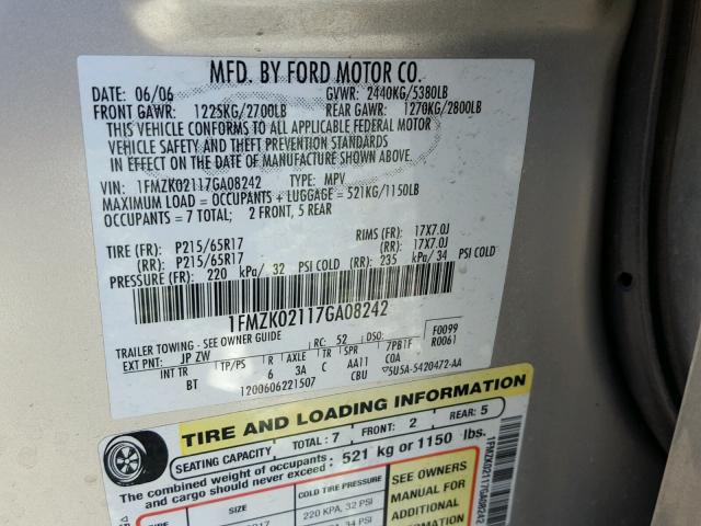 1FMZK02117GA08242 - 2007 FORD FREESTYLE SILVER photo 10