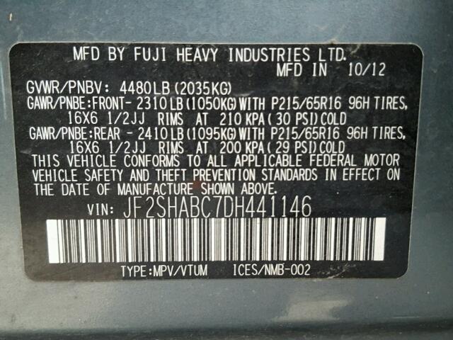 JF2SHABC7DH441146 - 2013 SUBARU FORESTER 2 BLUE photo 10