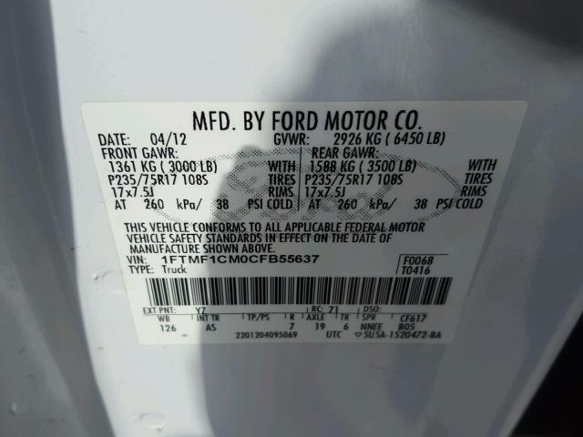 1FTMF1CM0CFB55637 - 2012 FORD F150 WHITE photo 10