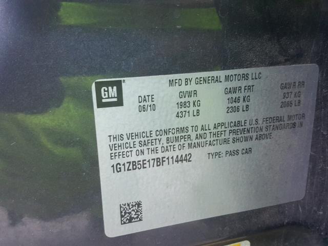 1G1ZB5E17BF114442 - 2011 CHEVROLET MALIBU LS გრაფიტი ფოტო 10