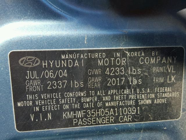 KMHWF35H05A110391 - 2005 HYUNDAI SONATA GLS BLUE photo 10