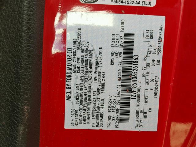 1ZVFT85H065261863 - 2006 FORD MUSTANG GT RED photo 10