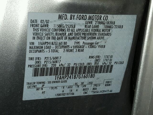 1FAHP24187G160180 - 2007 FORD FIVE HUNDR SILVER photo 10