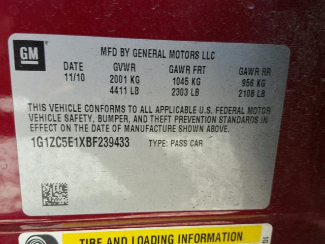 1G1ZC5E1XBF239433 - 2011 CHEVROLET MALIBU 1LT 勃艮第红 照片 10