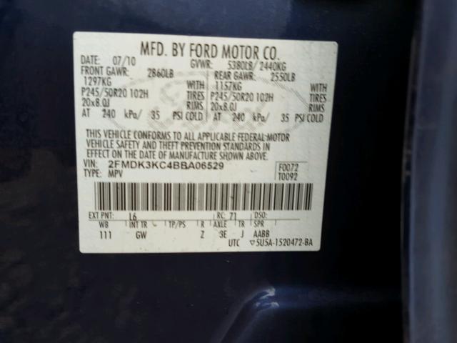 2FMDK3KC4BBA06529 - 2011 FORD EDGE LIMIT BLUE photo 10