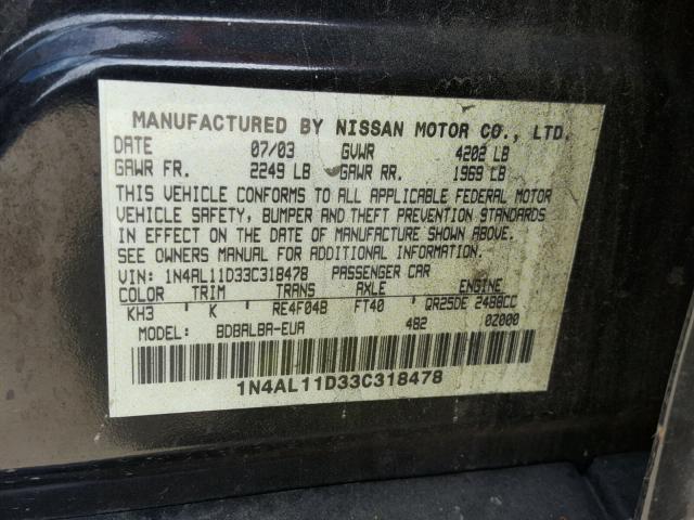 1N4AL11D33C318478 - 2003 NISSAN ALTIMA BAS BLUE photo 10