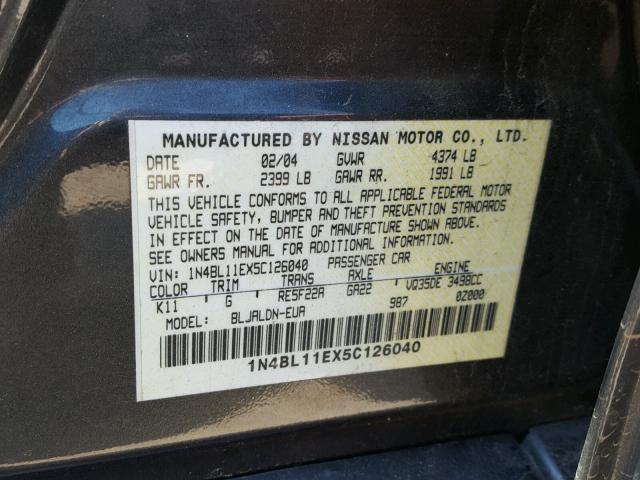 1N4BL11EX5C126040 - 2005 NISSAN ALTIMA SE CHARCOAL photo 10