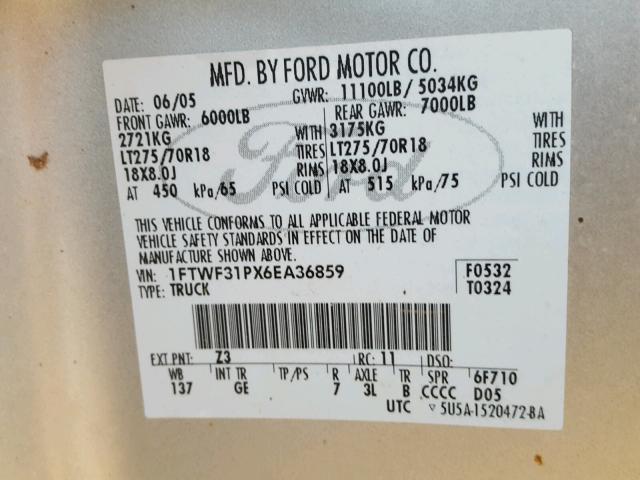 1FTWF31PX6EA36859 - 2006 FORD F350 SRW S SILVER photo 10