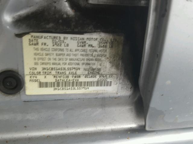 3N1CB51A53L557914 - 2003 NISSAN SENTRA GXE SILVER photo 10