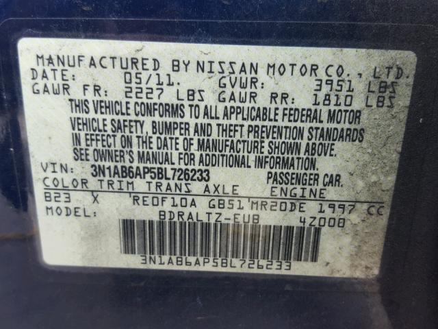 3N1AB6AP5BL726233 - 2011 NISSAN SENTRA 2.0 BLUE photo 10