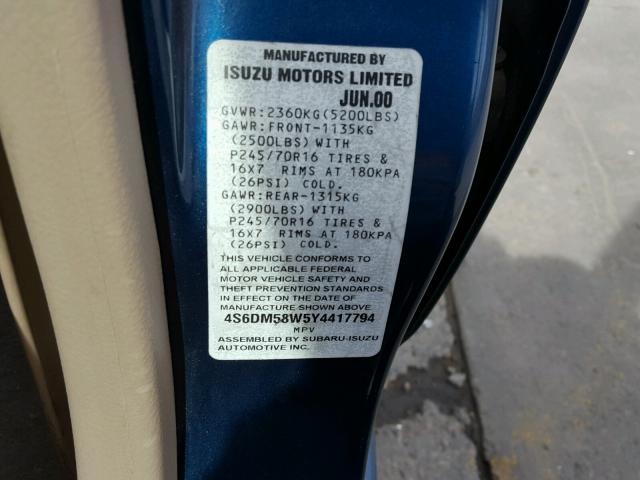 4S6DM58W5Y4417794 - 2000 HONDA PASSPORT E BLUE photo 10