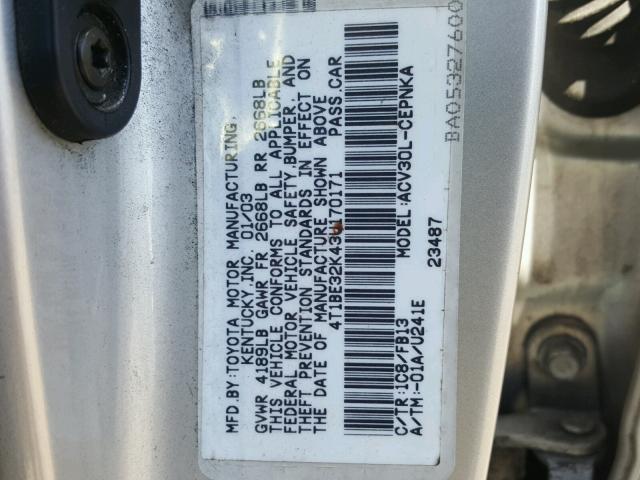 4T1BE32K43U170171 - 2003 TOYOTA CAMRY LE SILVER photo 10