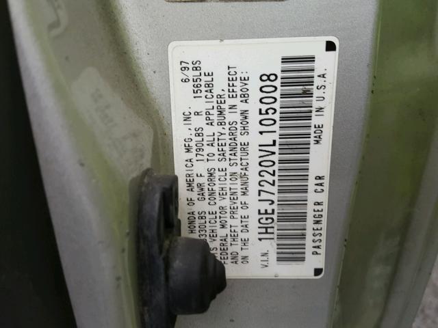 1HGEJ7220VL105008 - 1997 HONDA CIVIC HX GRAY photo 10