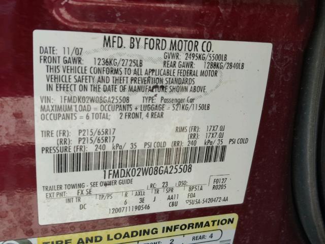 1FMDK02W08GA25508 - 2008 FORD TAURUS X S BURGUNDY photo 10