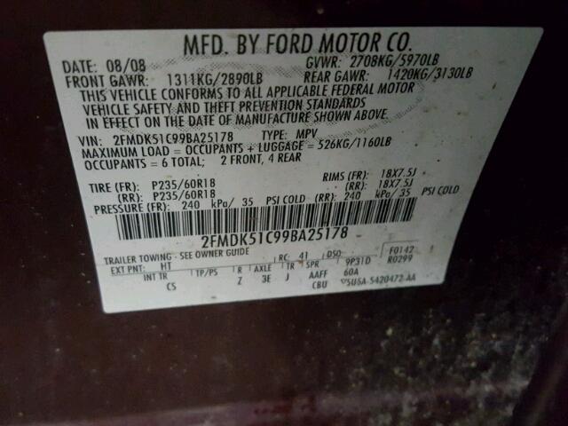 2FMDK51C99BA25178 - 2009 FORD FLEX SE MAROON photo 10