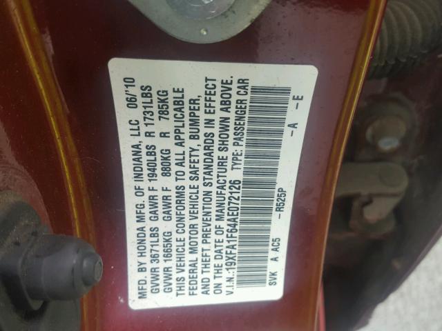 19XFA1F64AE072126 - 2010 HONDA CIVIC Қызыл фото 10