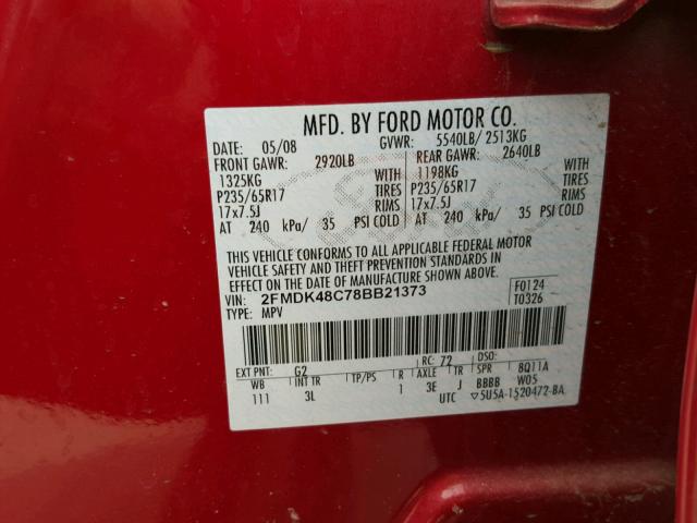 2FMDK48C78BB21373 - 2008 FORD EDGE SEL RED photo 10