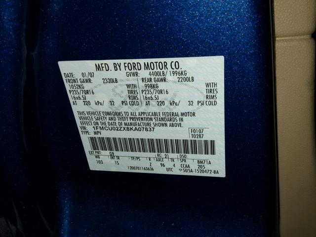 1FMCU02ZX8KA07837 - 2008 FORD ESCAPE XLS BLUE photo 10