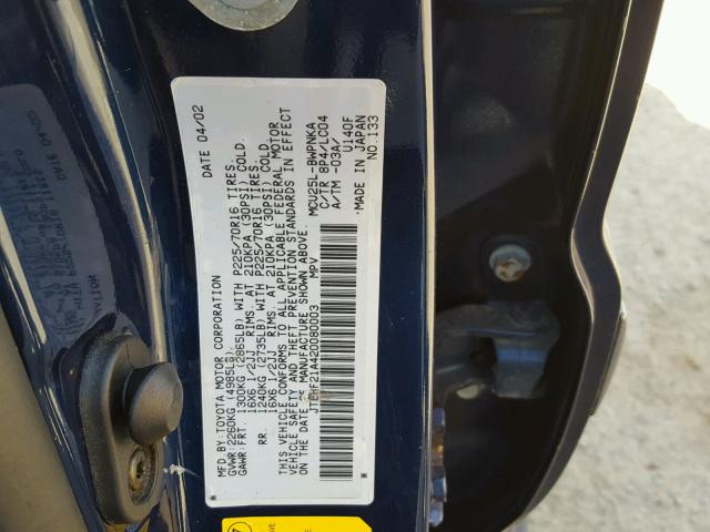 JTEHF21A420080003 - 2002 TOYOTA HIGHLANDER BLUE photo 10