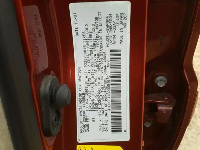 JTEHF21A320054640 - 2002 TOYOTA HIGHLANDER RED photo 10