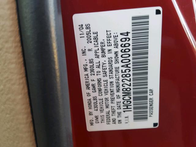 1HGCM82285A006694 - 2005 HONDA ACCORD LX RED photo 10