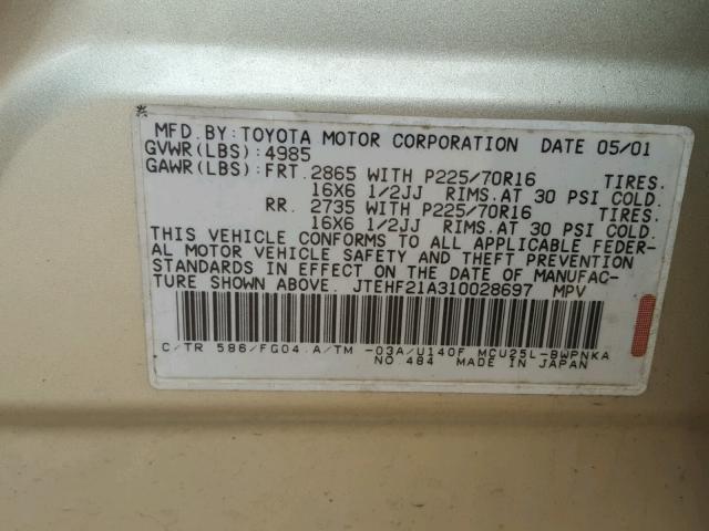 JTEHF21A310028697 - 2001 TOYOTA HIGHLANDER GOLD photo 10