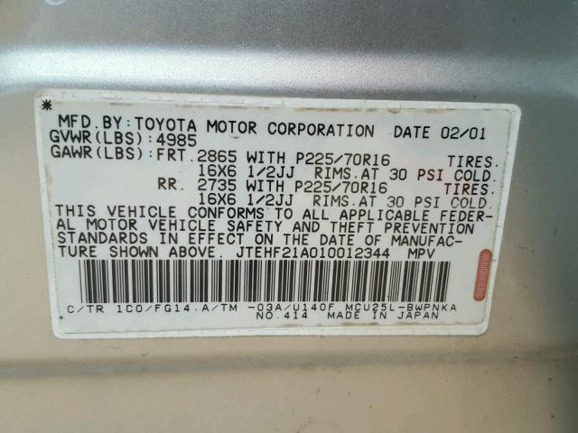 JTEHF21A010012344 - 2001 TOYOTA HIGHLANDER SILVER photo 10