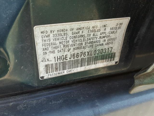 1HGEJ6676XL030317 - 1999 HONDA CIVIC LX GREEN photo 10