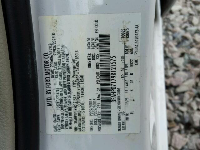 3FAHP07179R121575 - 2009 FORD FUSION SE WHITE photo 10