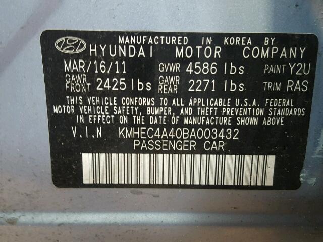 KMHEC4A40BA003432 - 2011 HYUNDAI SONATA BLUE photo 10