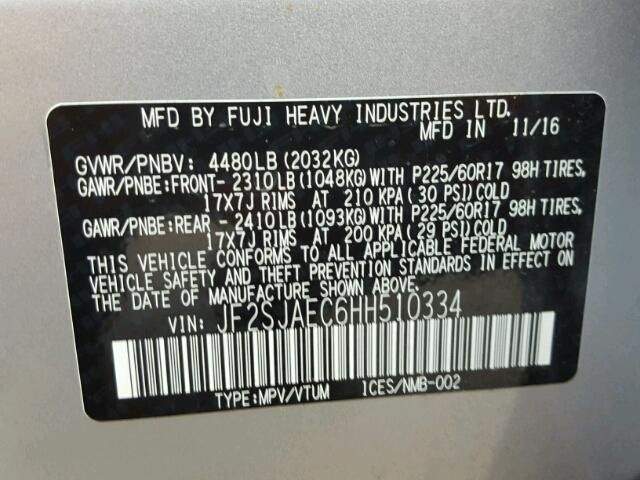 JF2SJAEC6HH510334 - 2017 SUBARU FORESTER 2 SILVER photo 10