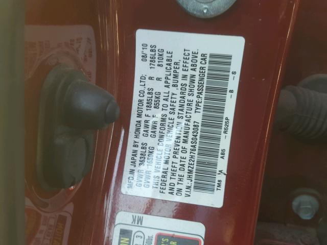 JHMZE2H76AS043087 - 2010 HONDA INSIGHT EX RED photo 10