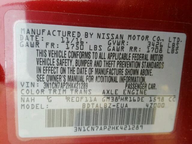 3N1CN7AP2HK421289 - 2017 NISSAN VERSA S RED photo 10