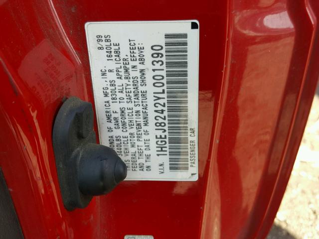 1HGEJ8242YL001390 - 2000 HONDA CIVIC EX წითელი ფოტო 10