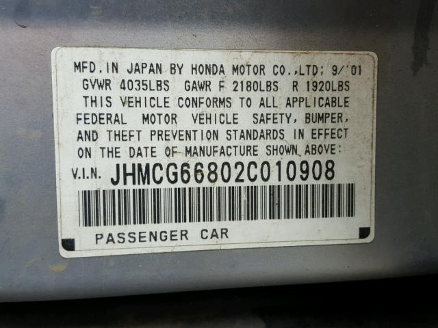 JHMCG66802C010908 - 2002 HONDA ACCORD EX SILVER photo 10