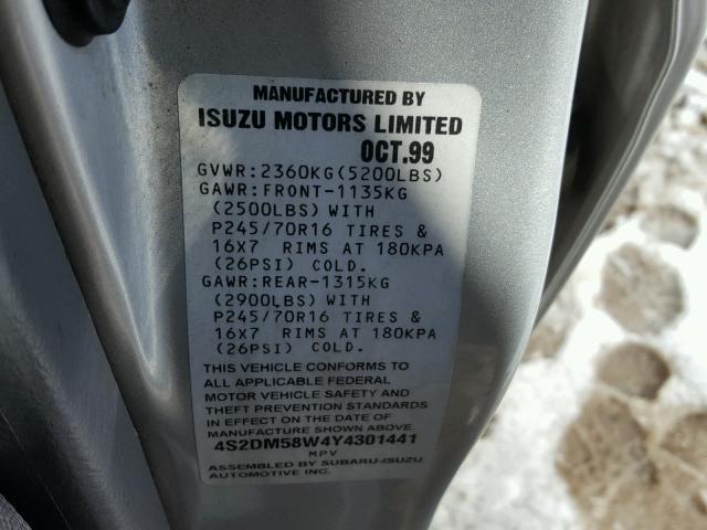 4S2DM58W4Y4301441 - 2000 ISUZU RODEO S SILVER photo 10