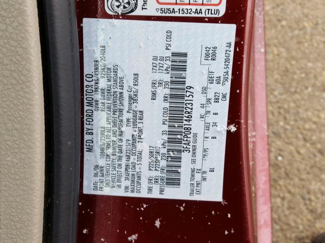 3FAFP08146R231579 - 2006 FORD FUSION SEL MAROON photo 10