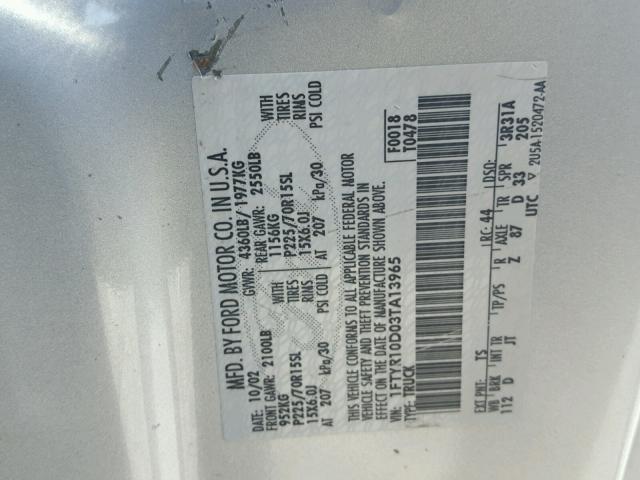 1FTYR10D03TA13965 - 2003 FORD RANGER SILVER photo 10