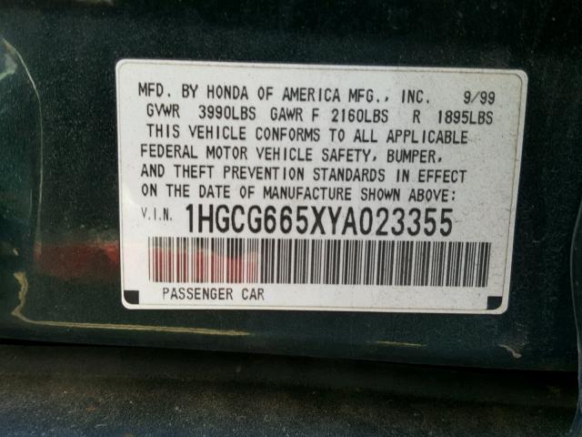 1HGCG665XYA023355 - 2000 HONDA ACCORD LX GREEN photo 10