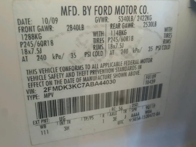 2FMDK3KC7ABA44030 - 2010 FORD EDGE LIMIT WHITE photo 10