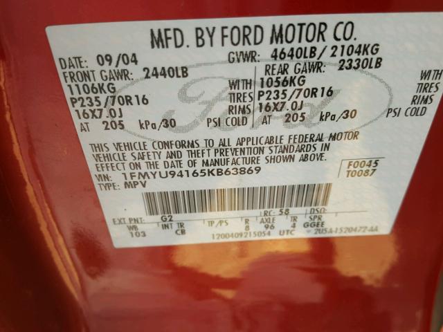 1FMYU94165KB63869 - 2005 FORD ESCAPE LIM MAROON photo 10